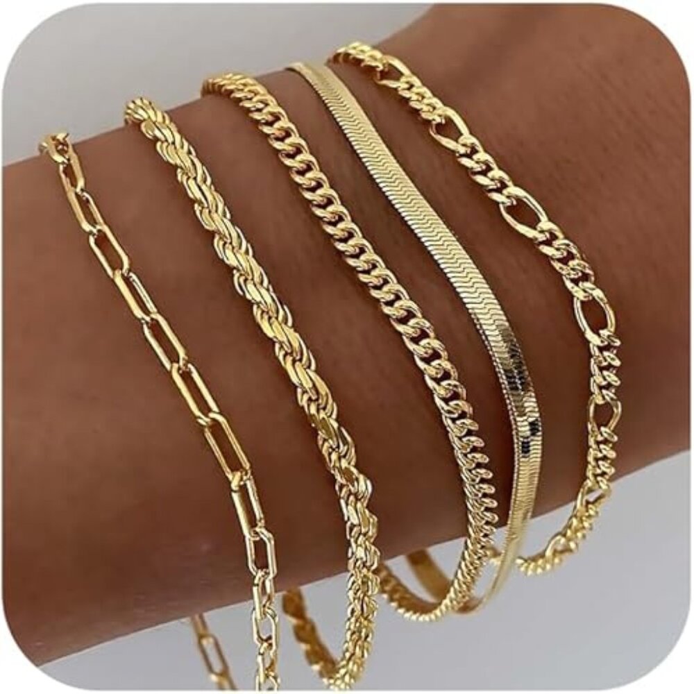 14K Gold Bracelets for Women – Stackable Waterproof Bracelet Set with Cuban Link